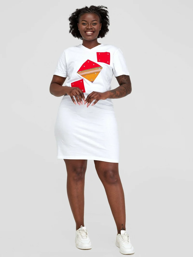 Vazi Afriq Cotton Jersey / Kikoy T-Shirt Dress - White