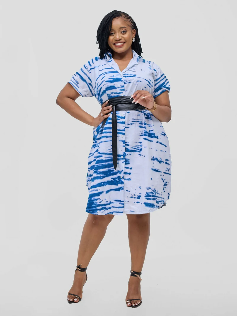 Hand-Dyed Cotton Shirt Dress - Blue / White