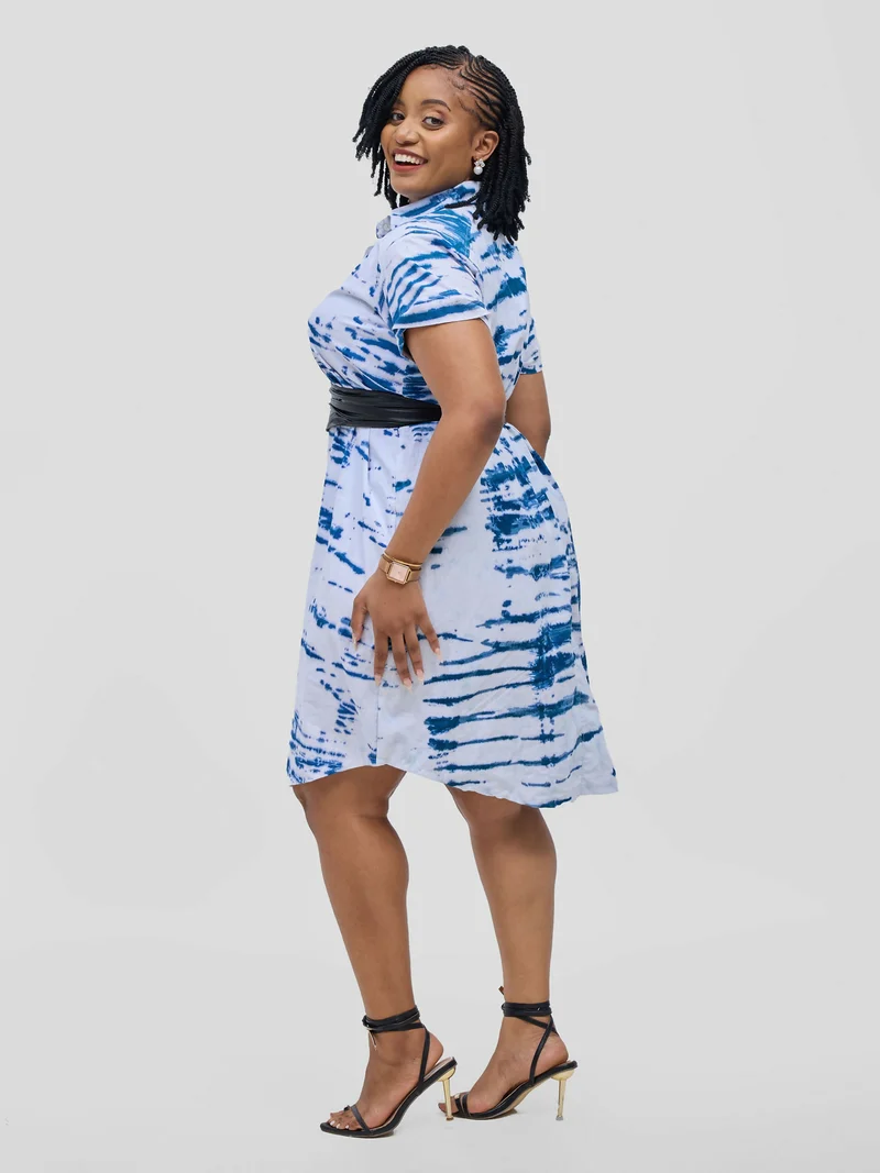 Hand-Dyed Cotton Shirt Dress - Blue / White