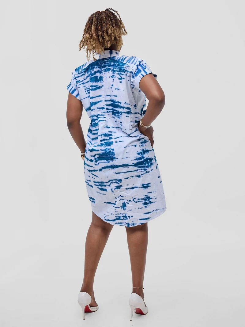 Hand-Dyed Cotton Shirt Dress - Blue / White