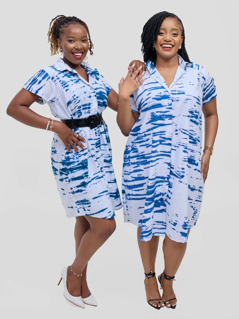 Hand-Dyed Cotton Shirt Dress - Blue / White