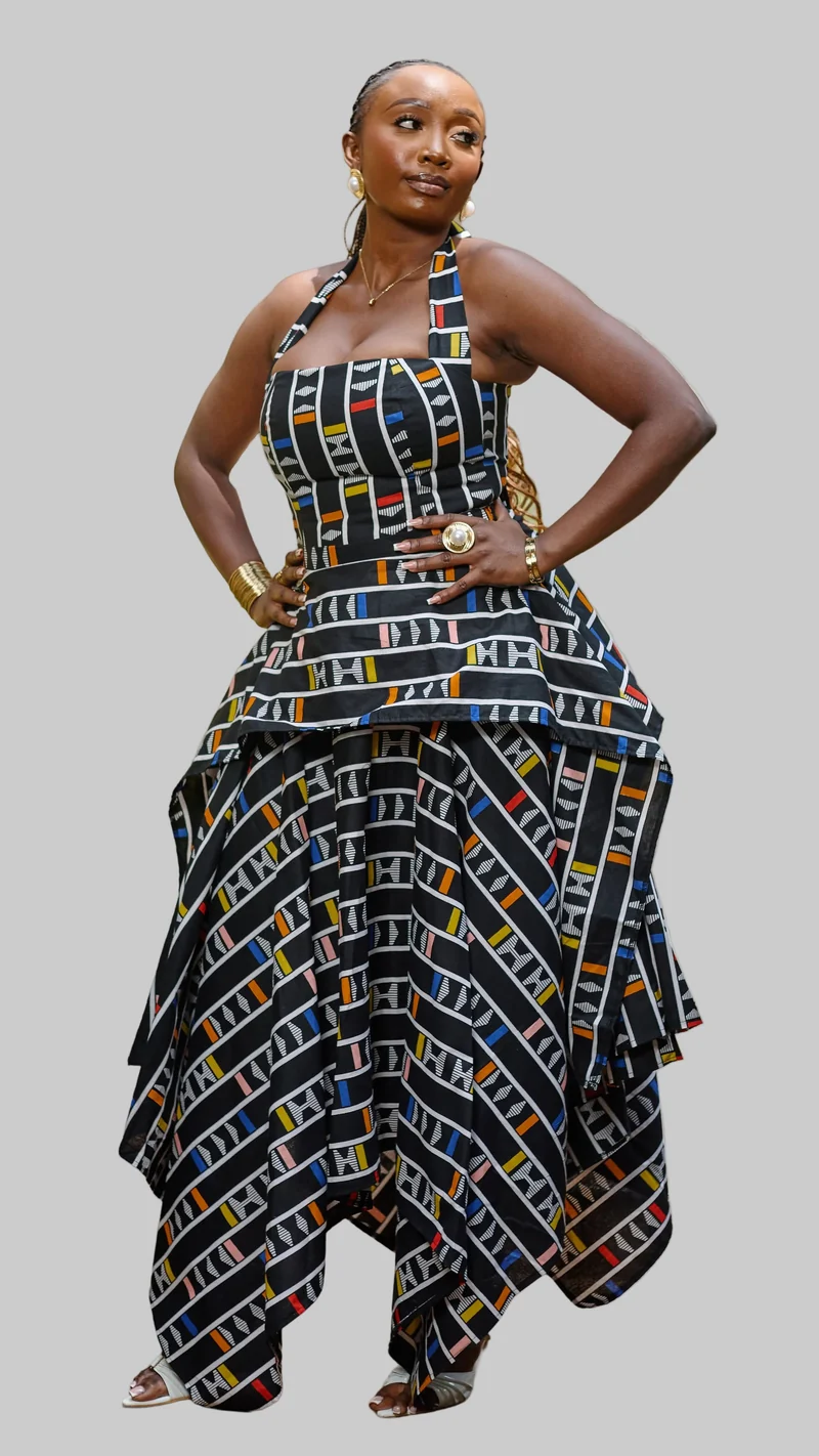 Plainchic Handkerchief Skirt Set - Black Geometric Pattern