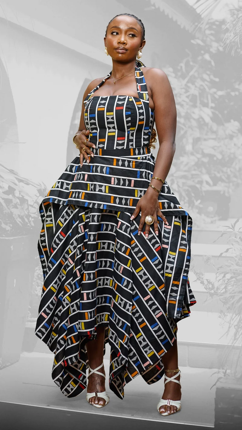 Plainchic Handkerchief Skirt Set - Black Geometric Pattern