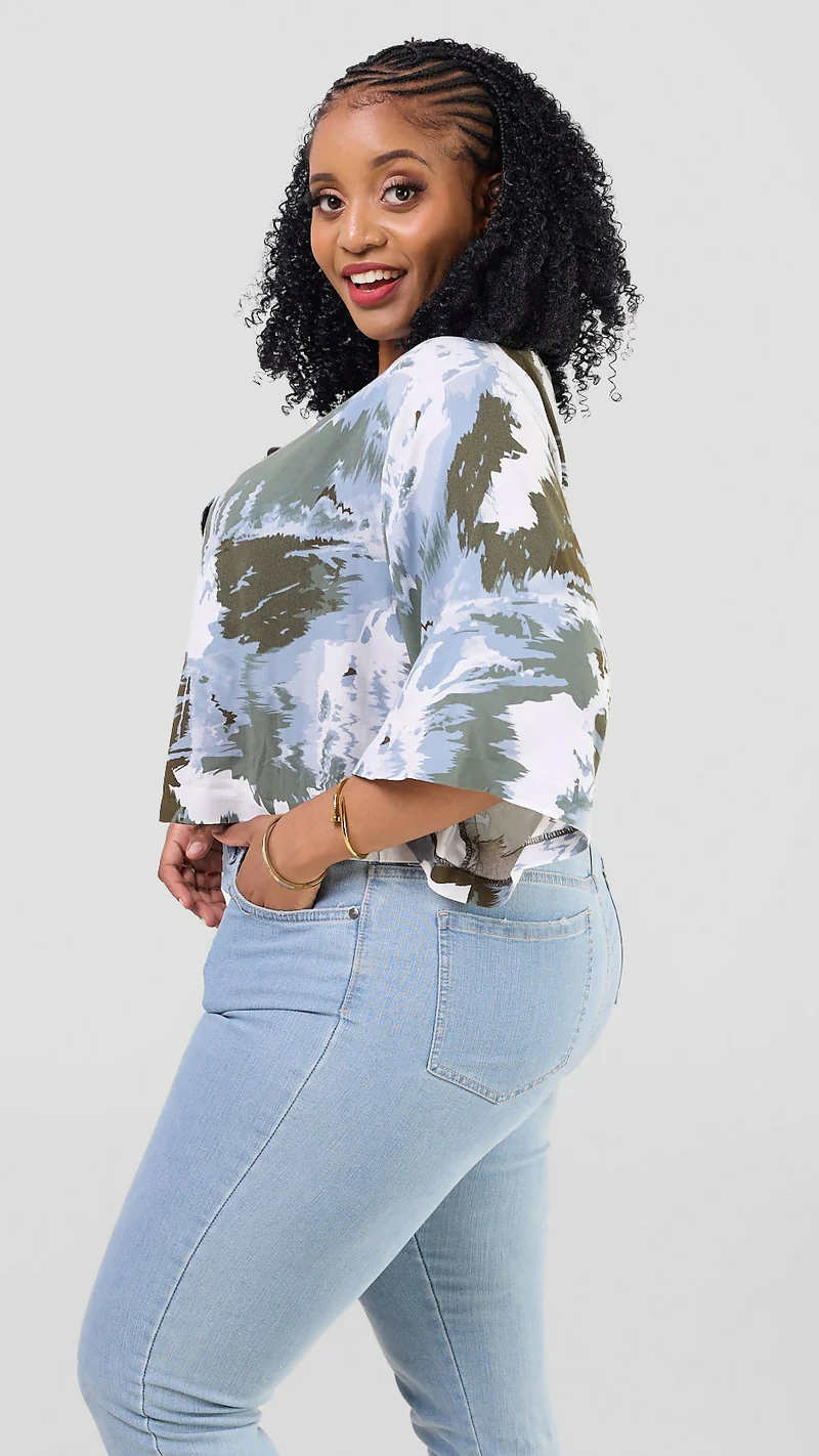 Pure Buxom Abstract Print Top – Blue