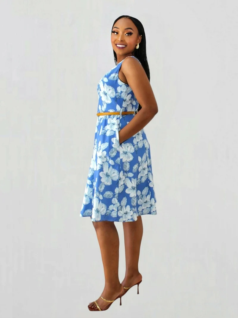 The Fashion Frenzy Belted Floral Skater Dress - Blue / White