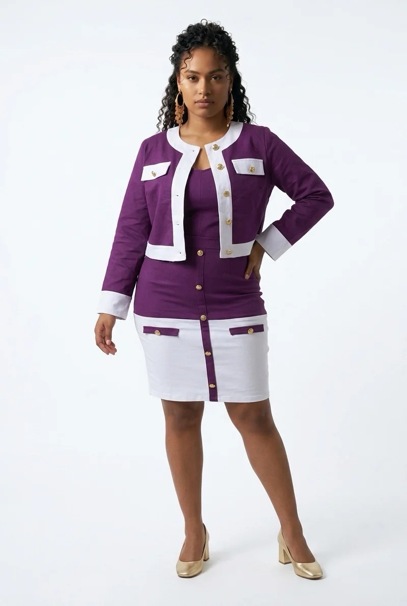 Stylish Sisters Two Piece Dress & Blazer Set - Purple / White