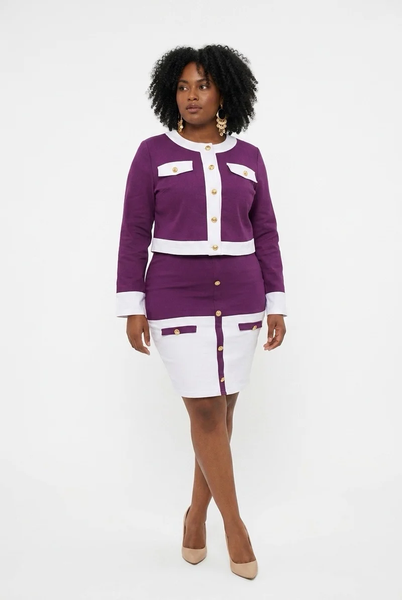 Stylish Sisters Two Piece Dress & Blazer Set - Purple / White