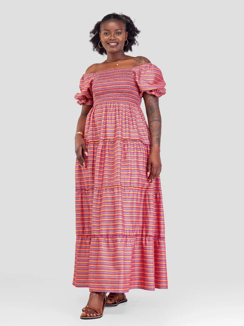 Safari Kikoy Shirred Top Maxi Dress - Red Print