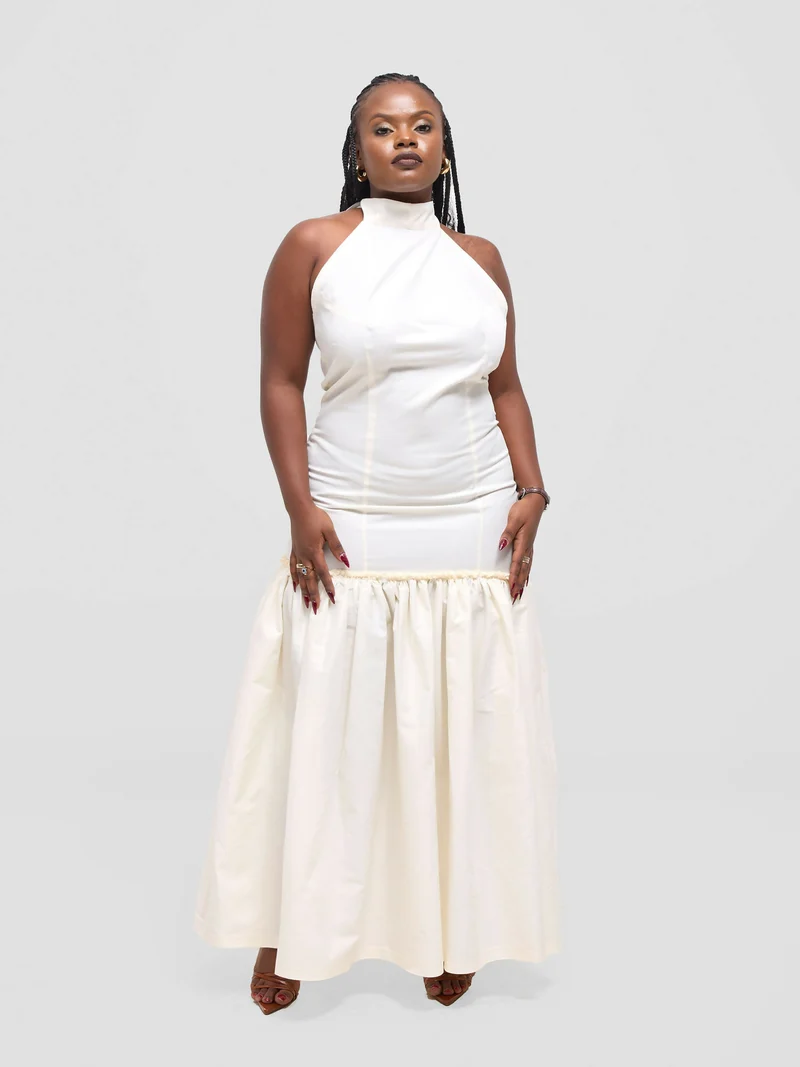 Pure Buxom Drop Waist Halter Dress Long - Cream