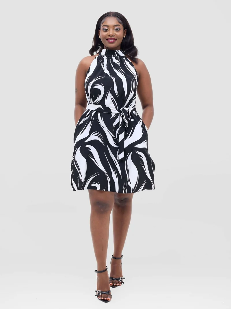 Anel's Knitwear Halter Neck Dress - Black / White Print