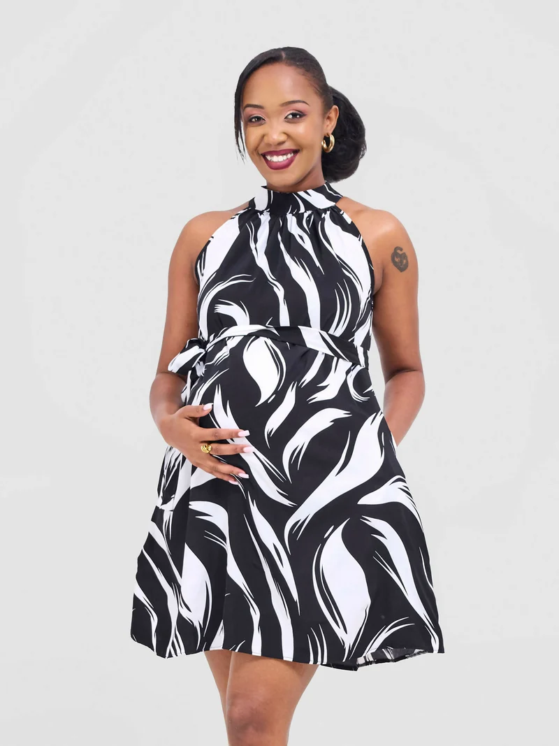 Anel's Knitwear Halter Neck Dress - Black / White Print
