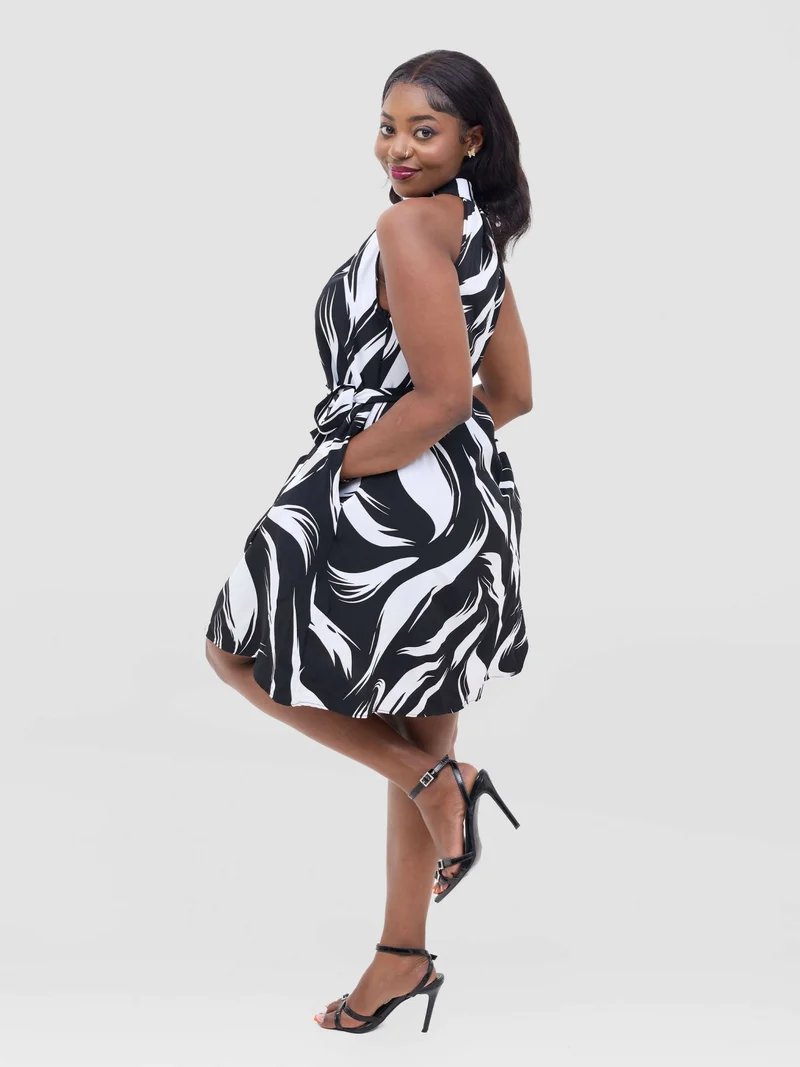 Anel's Knitwear Halter Neck Dress - Black / White Print