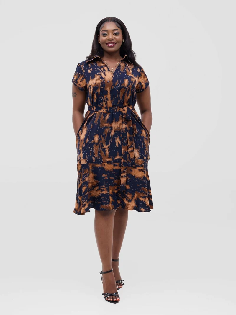 Anel's Knitwear Collar Shift Dress - Navy Blue / Brown Print