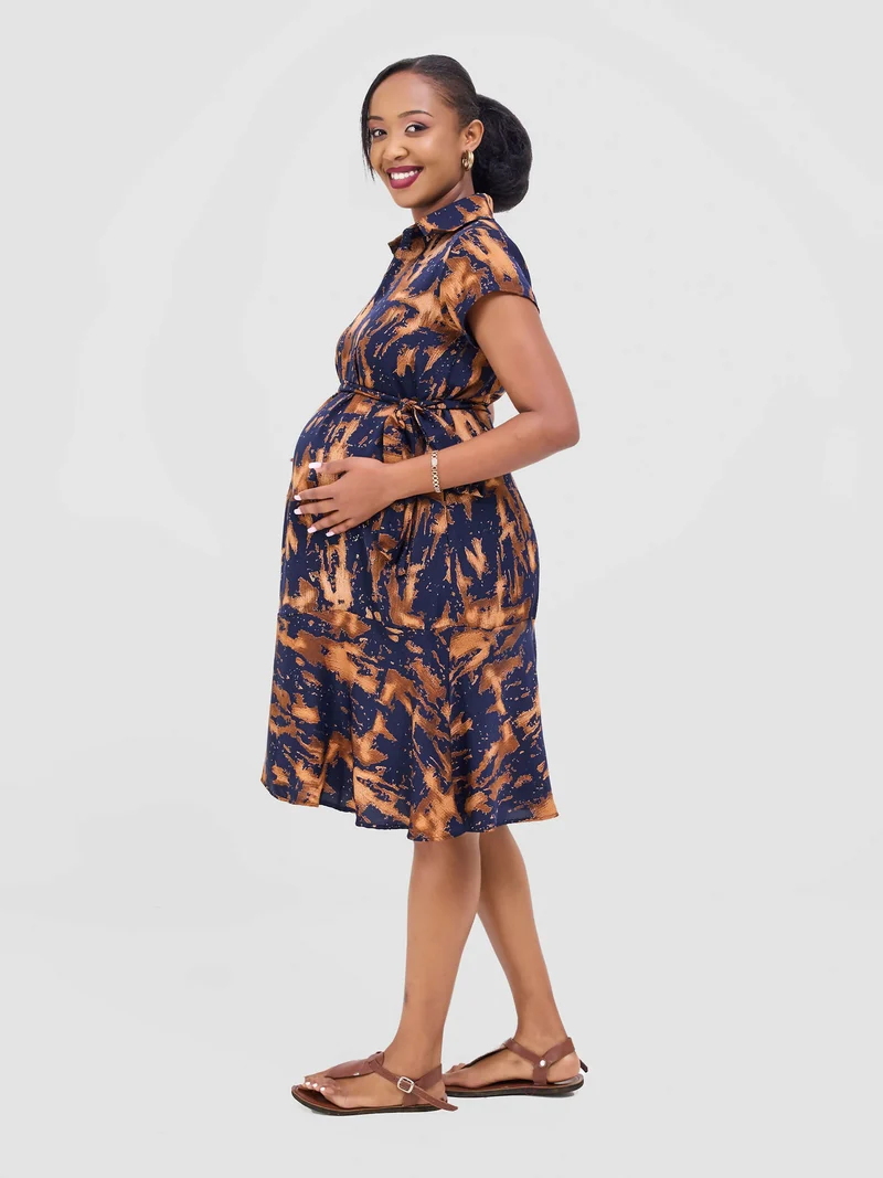 Anel's Knitwear Collar Shift Dress - Navy Blue / Brown Print
