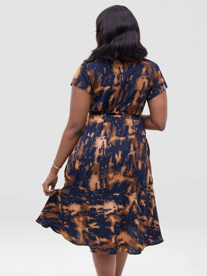 Anel's Knitwear Collar Shift Dress - Navy Blue / Brown Print