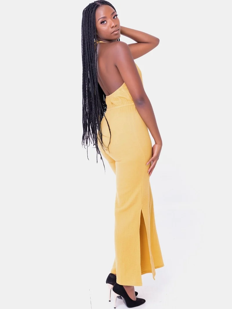 Backless Halterneck Jump Suit - Mustard