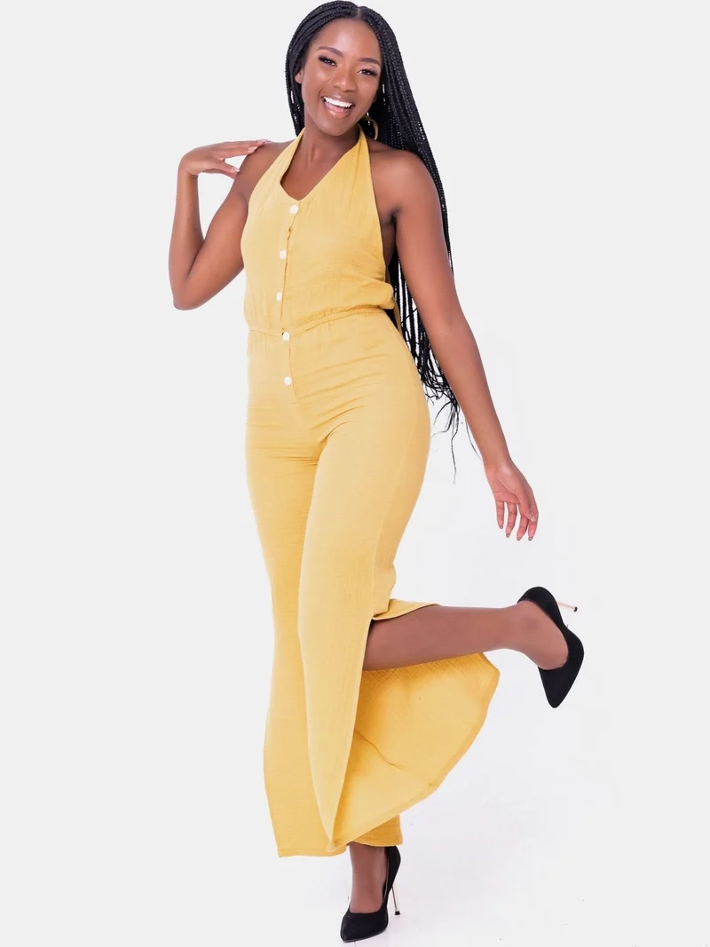 Backless Halterneck Jump Suit - Mustard