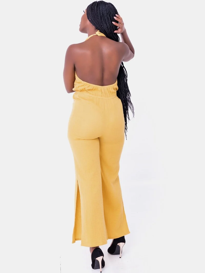 Backless Halterneck Jump Suit - Mustard