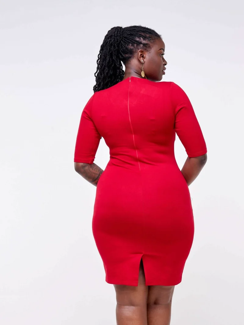 Wsc Pambo Dd Holdings Hunters Run 3/4 Sleeved Back Slit Bodycon Dress - Red
