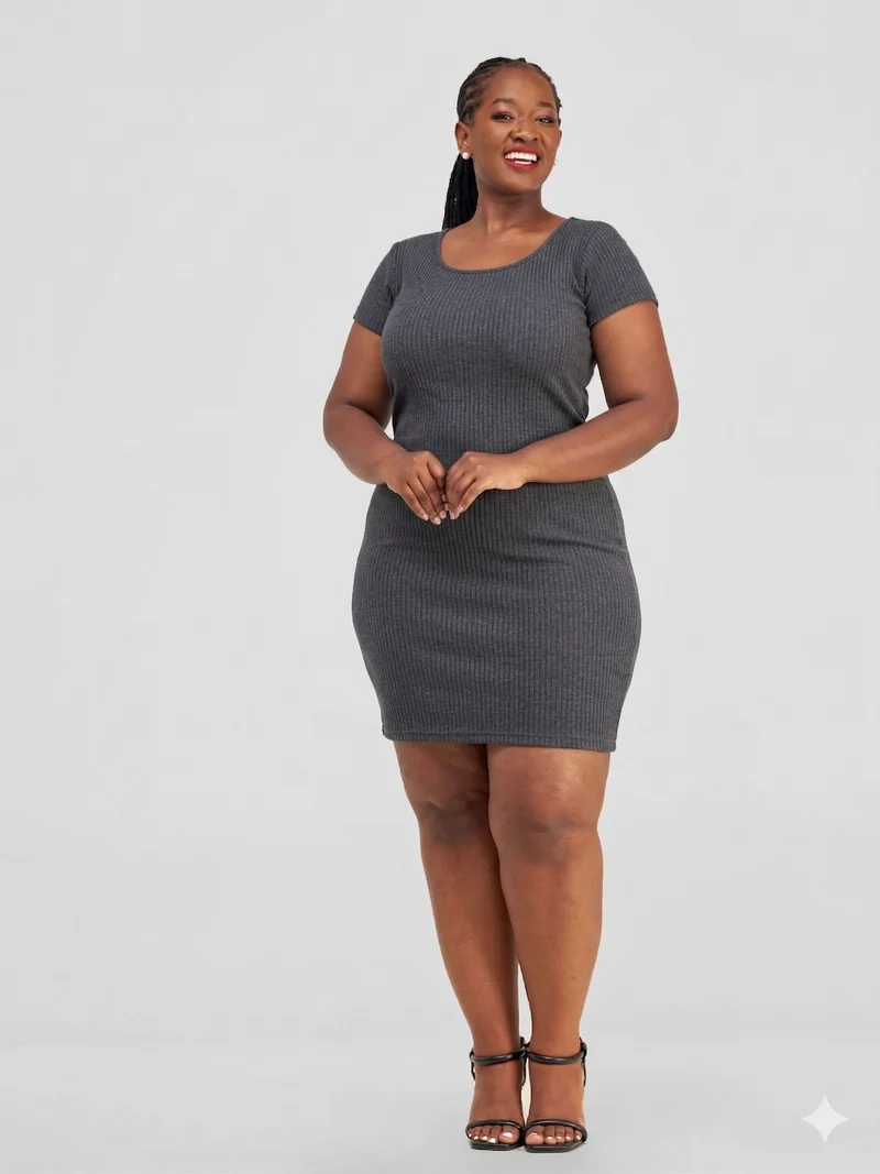 Essentiables Cotton Ribbed Mid Knee Length Dress - Dark grey
