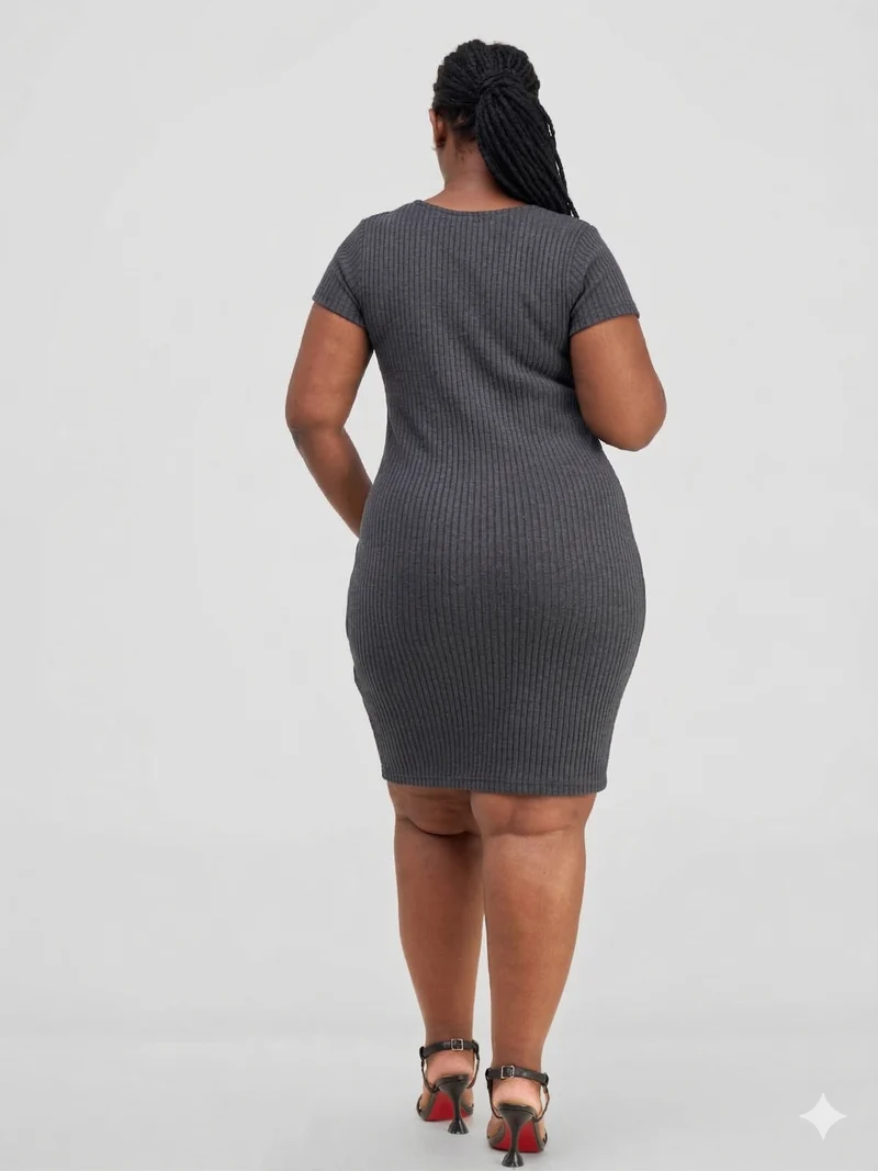 Essentiables Cotton Ribbed Mid Knee Length Dress - Dark grey