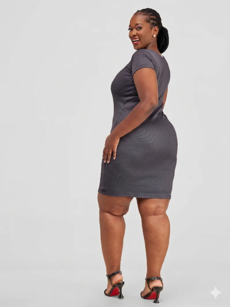 Essentiables Cotton Ribbed Mid Knee Length Dress - Dark grey
