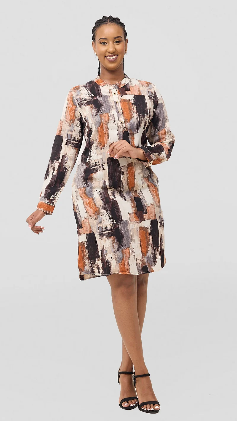 Khay Designs Official Shirt Dress - Dark Brown Print
