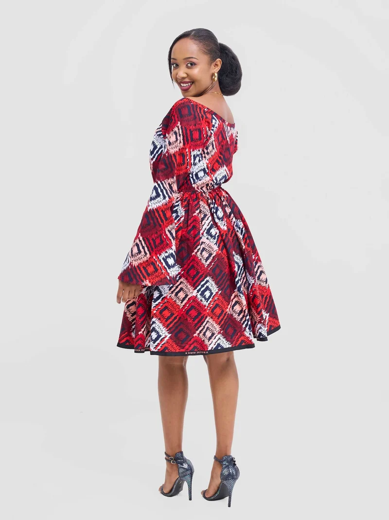 Prettygline Ankara Crimson Charm Off-Shoulder Skater Dress - Red