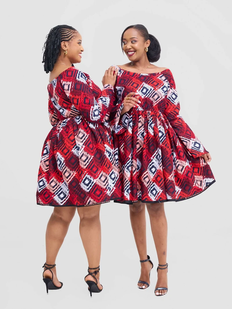 Prettygline Ankara Crimson Charm Off-Shoulder Skater Dress - Red