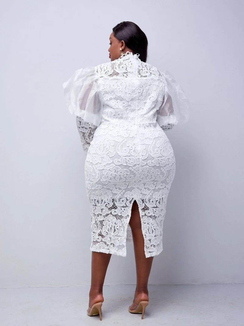 Rembo Plus Size Midi Lace Dress - White