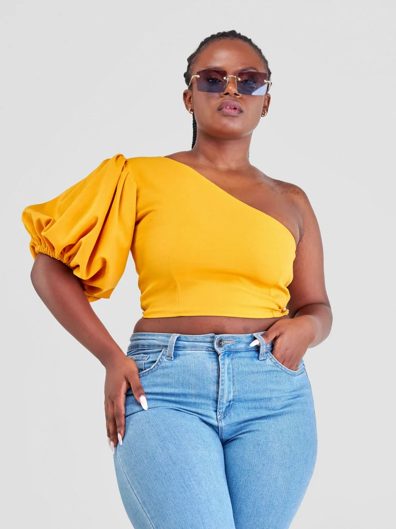 Chic Clique One Hand Ruffle Sleeve Top - Mustard