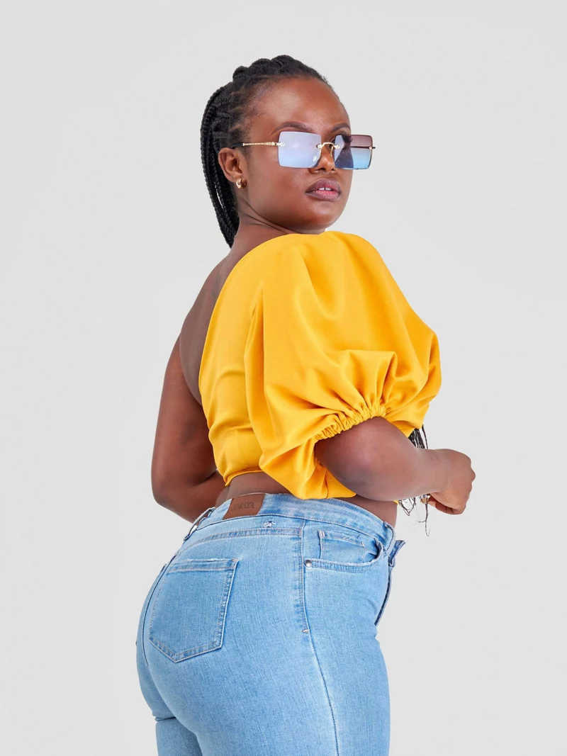 Chic Clique One Hand Ruffle Sleeve Top - Mustard