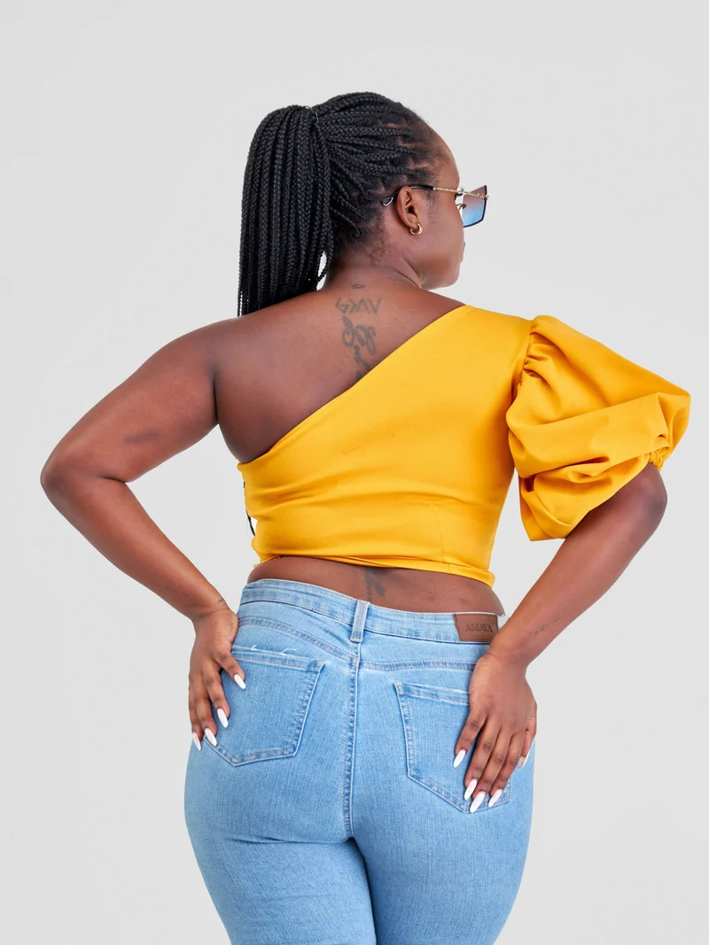 Chic Clique One Hand Ruffle Sleeve Top - Mustard