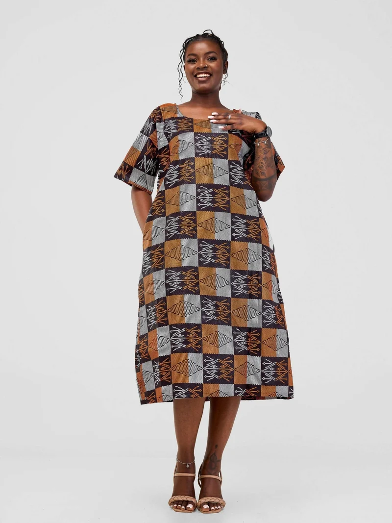 Prettygline Ankara Dress - Brown / White / Black