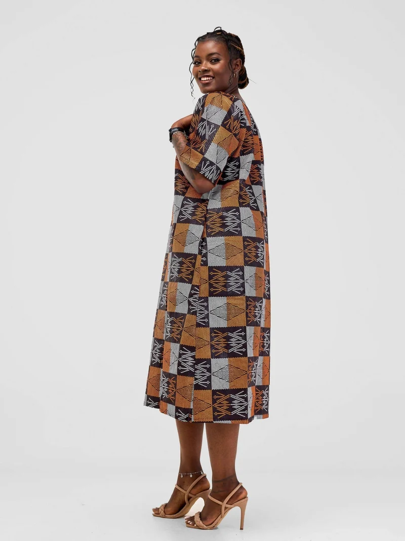 Prettygline Ankara Dress - Brown / White / Black