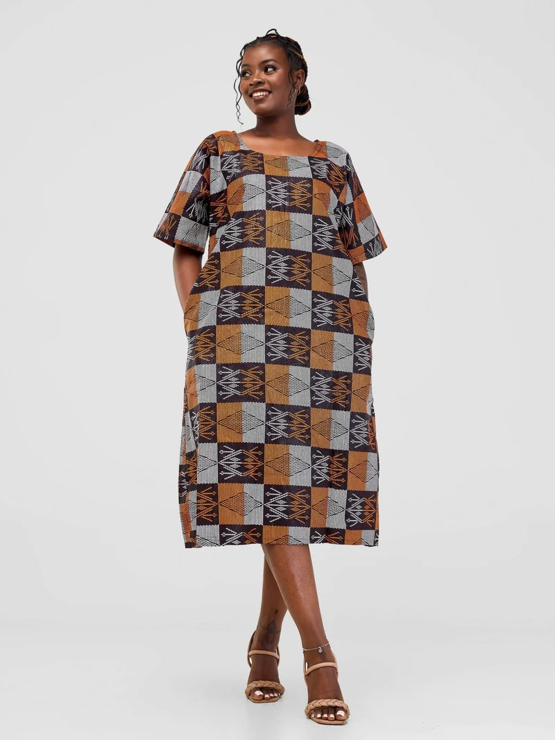 Prettygline Ankara Dress - Brown / White / Black