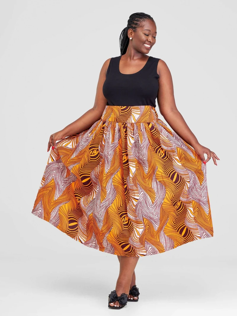 Prettygline Ankara Skirt - Mustard / Black