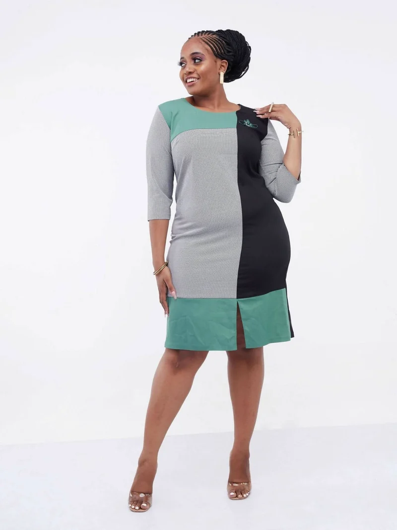 Elan Fashions Grey Checked Dress - Black / Green