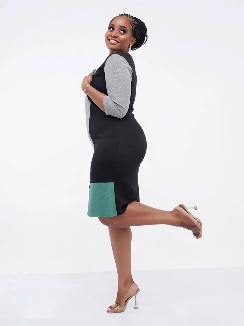Elan Fashions Grey Checked Dress - Black / Green