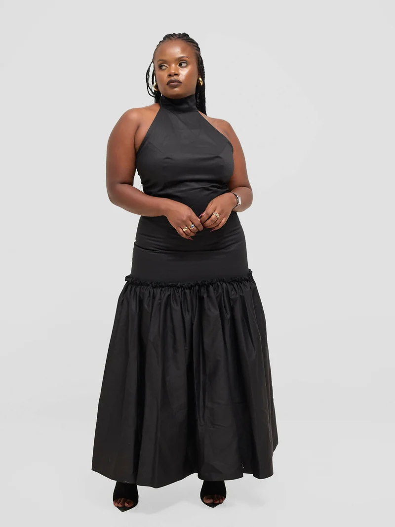 Pure Buxom Drop Waist Halter Dress Long - Black
