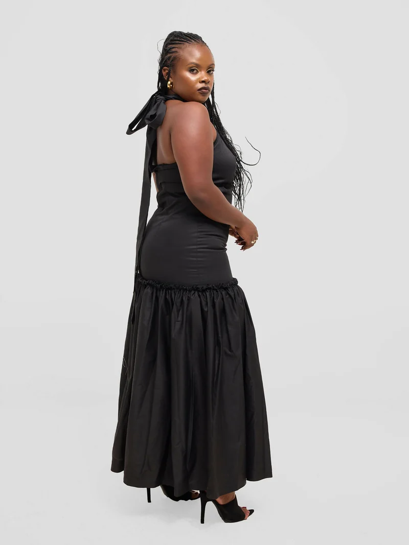 Pure Buxom Drop Waist Halter Dress Long - Black