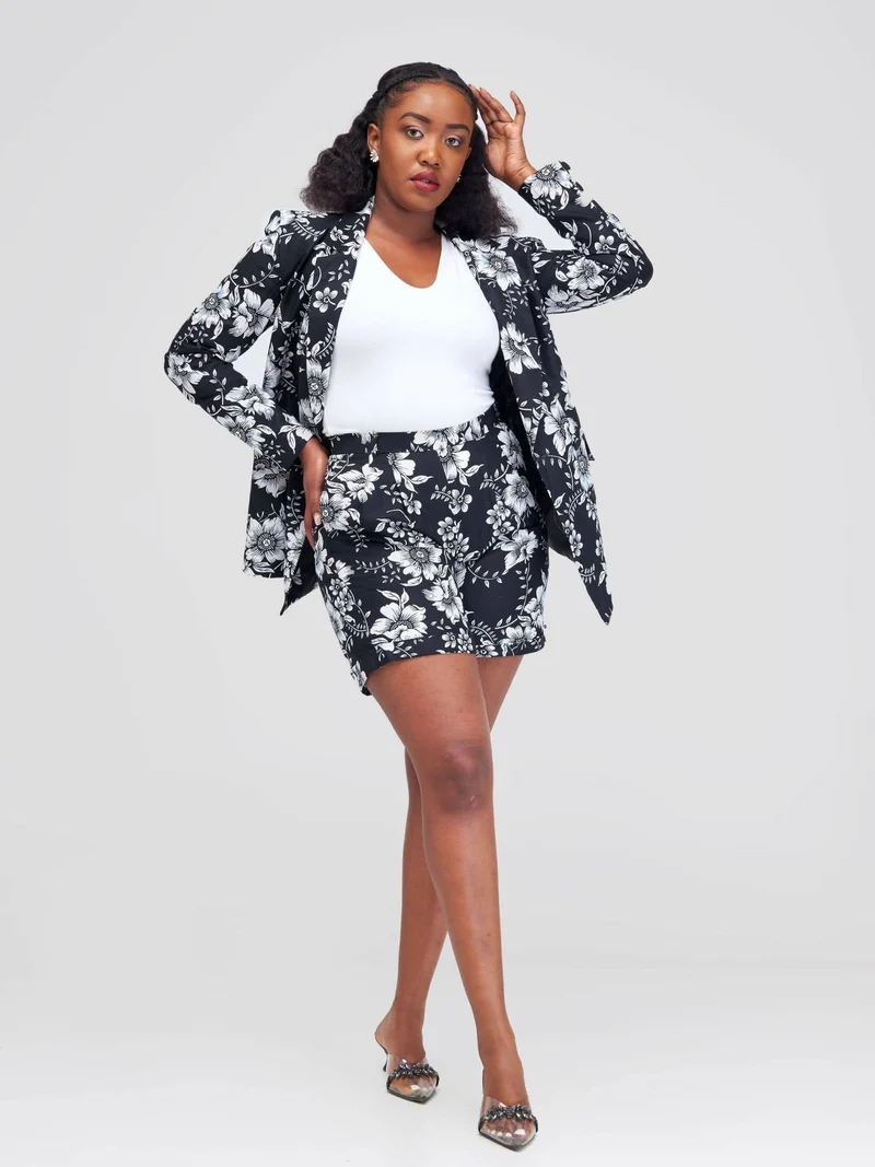 WSC Pambo SBV Ankara Shorts Suit - Black Flowered Print