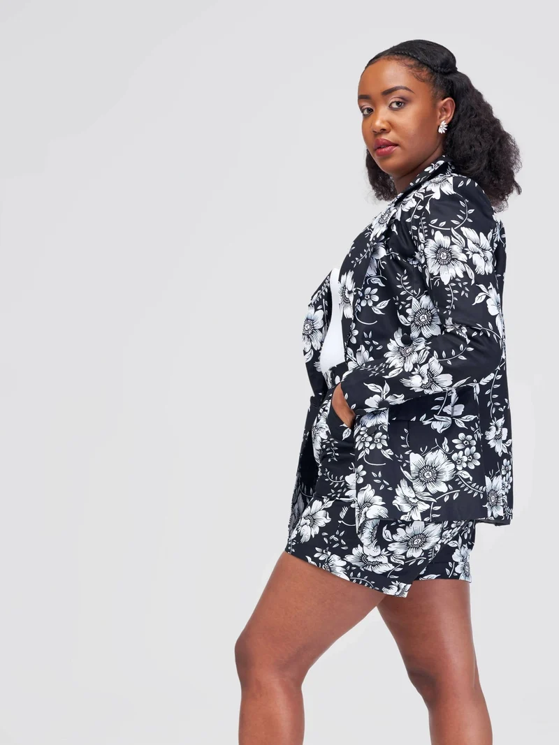 WSC Pambo SBV Ankara Shorts Suit - Black Flowered Print