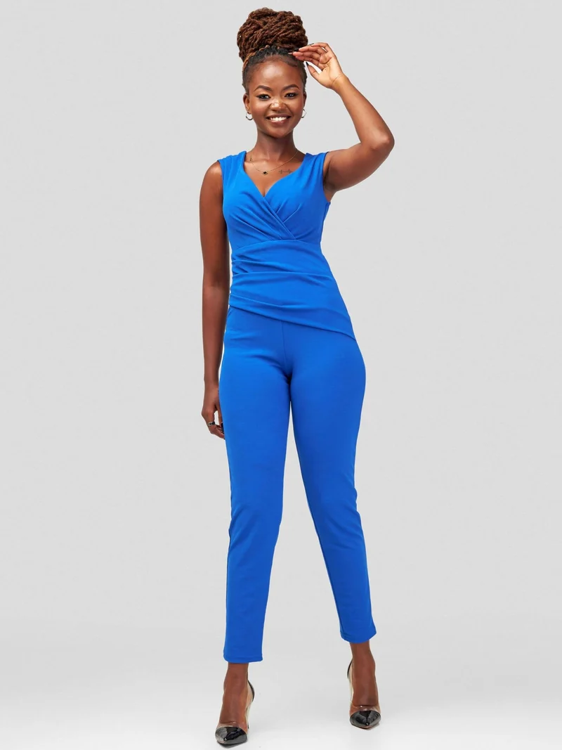 WSC Pambo Immaculate Chic Royal Bardot Pleated Jumpsuit - Blue