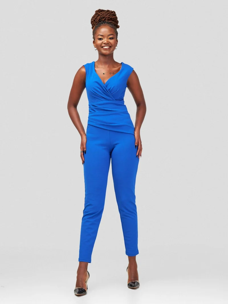 WSC Pambo Immaculate Chic Royal Bardot Pleated Jumpsuit - Blue