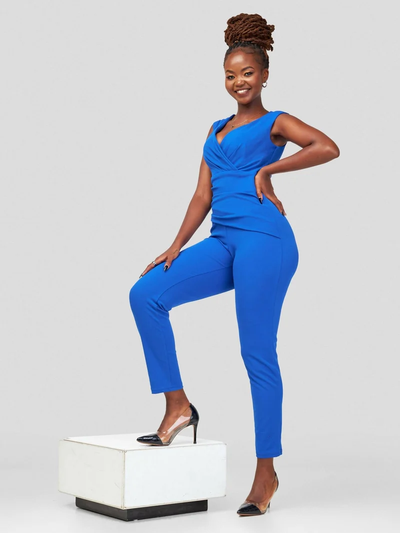 WSC Pambo Immaculate Chic Royal Bardot Pleated Jumpsuit - Blue