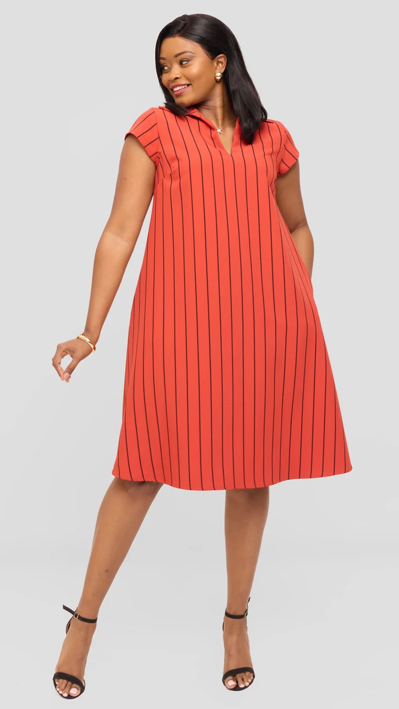 Vivo Mandla Tent Dress in Crepe - Dark Orange / Black Bini Print