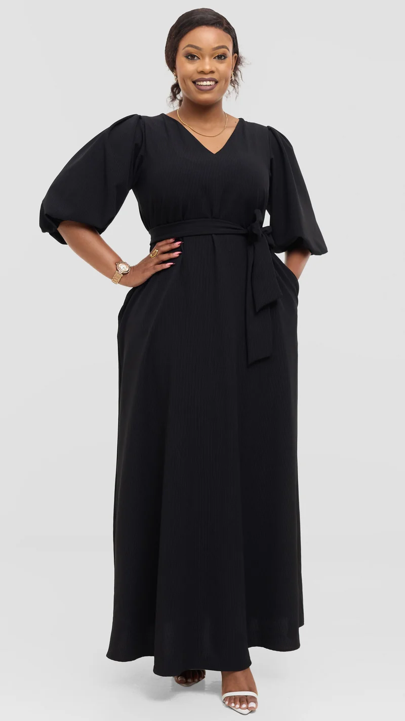 Vivo Bishop Sleeve Maxi Dress in Crepe - Black Pinstripes