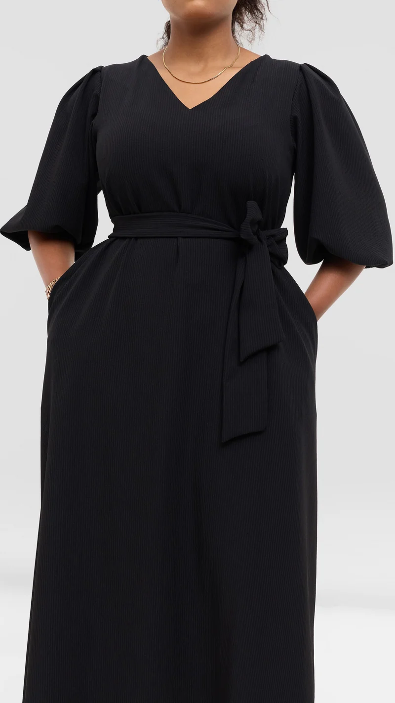 Vivo Bishop Sleeve Maxi Dress in Crepe - Black Pinstripes
