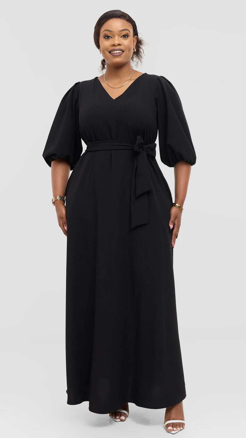Vivo Bishop Sleeve Maxi Dress in Crepe - Black Pinstripes